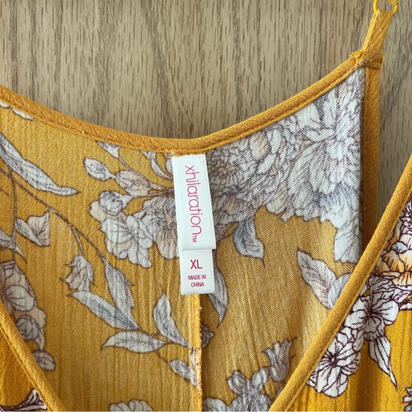 Xhilaration Mustard Yellow Floral Button Up Spaghetti Strap Dress with Pockets - Picture 4 of 9